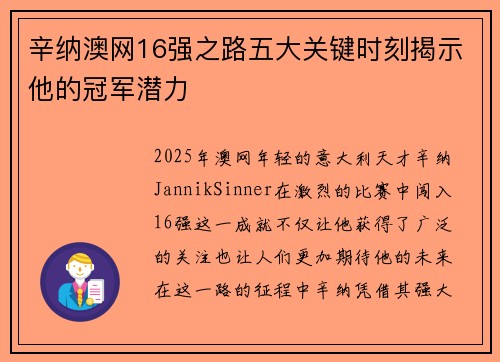 辛纳澳网16强之路五大关键时刻揭示他的冠军潜力